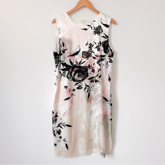 St. John Collection Silk Satin Sleeveless Floral Sheath Shift Dress Wate… - Picture 1 of 3